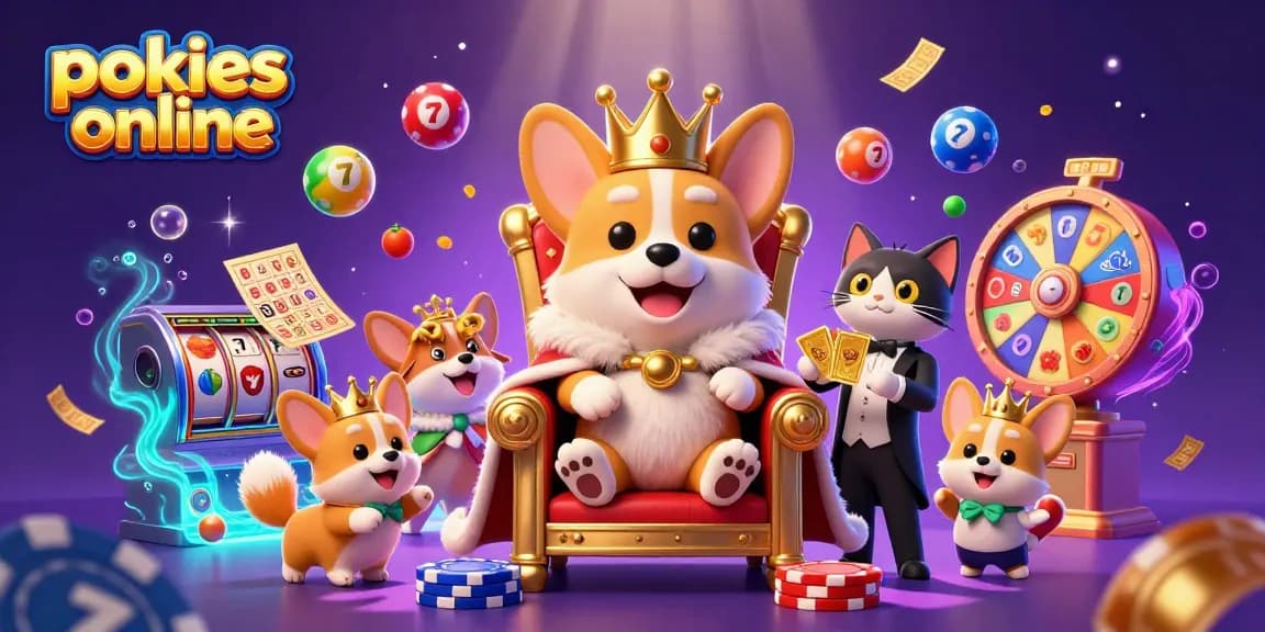 Experience the excitement of pokies online with a royal corgi and thrilling casino elements.
