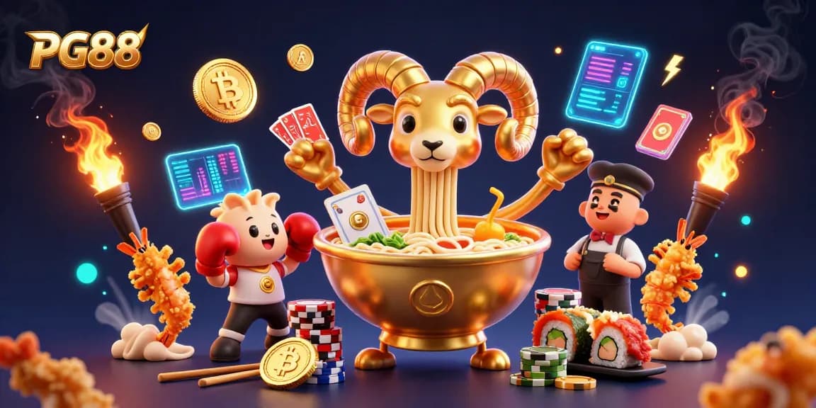 Engage with PG88's thrilling gaming experience featuring a golden ramen bowl character at a vibrant casino scene.