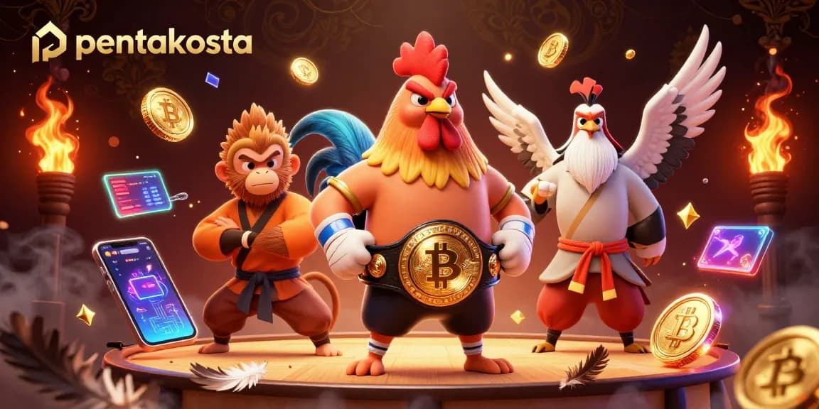 Experience pentakosta with a dynamic illustration of Muay Thai rooster and martial arts characters in a gambling-themed setting.