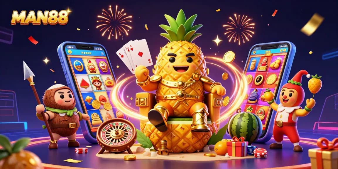 Engaging MAN88 casino scene with a golden pineapple king, themed gaming elements, and lively visuals.