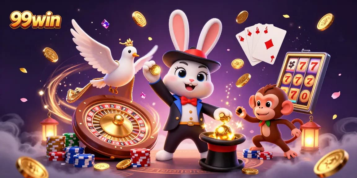 Experience thrilling wins at 99win with a dynamic cartoon casino scene featuring magical elements.