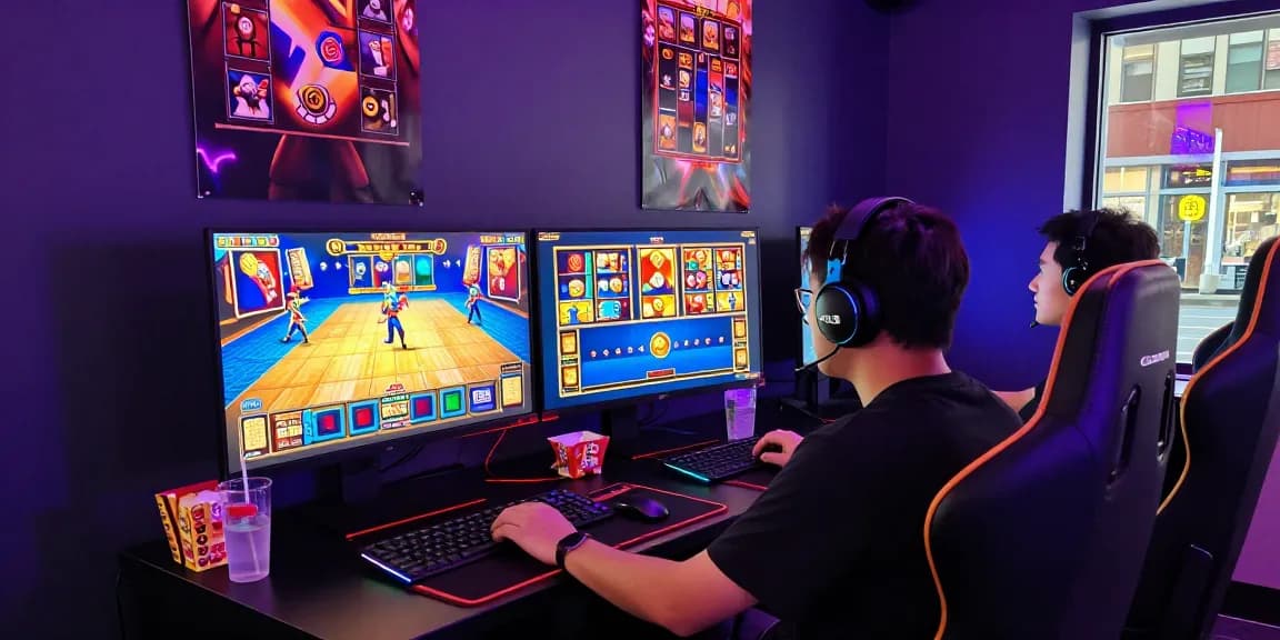 Player enjoying HWGSLOT on dual monitors in a vibrant gaming setup filled with excitement.