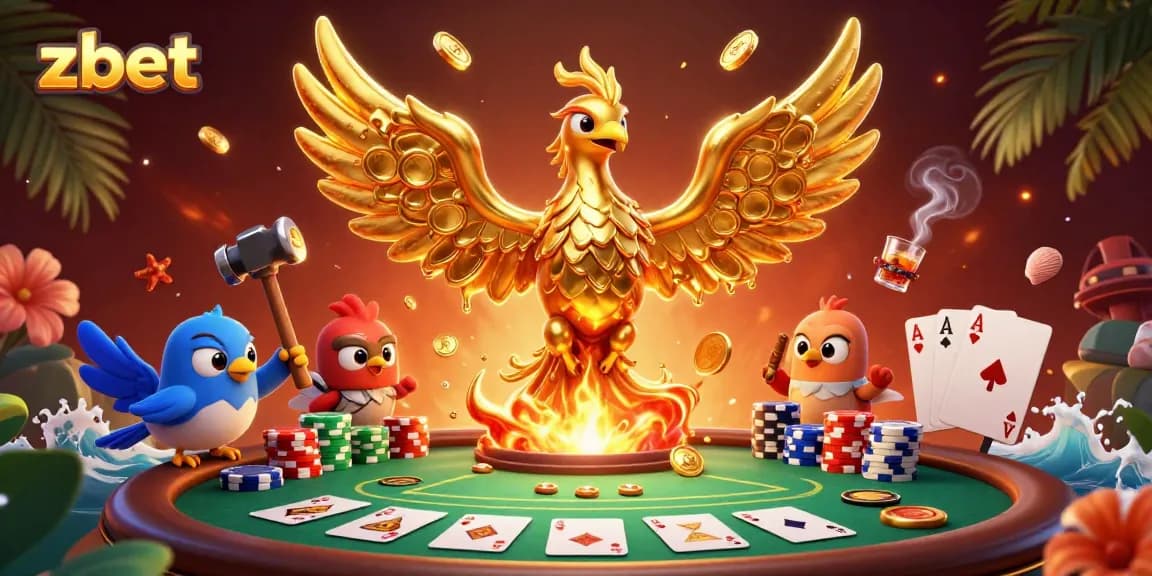 Zbet enhances your gaming experience as a molten phoenix creates coins in a vibrant casino scene.