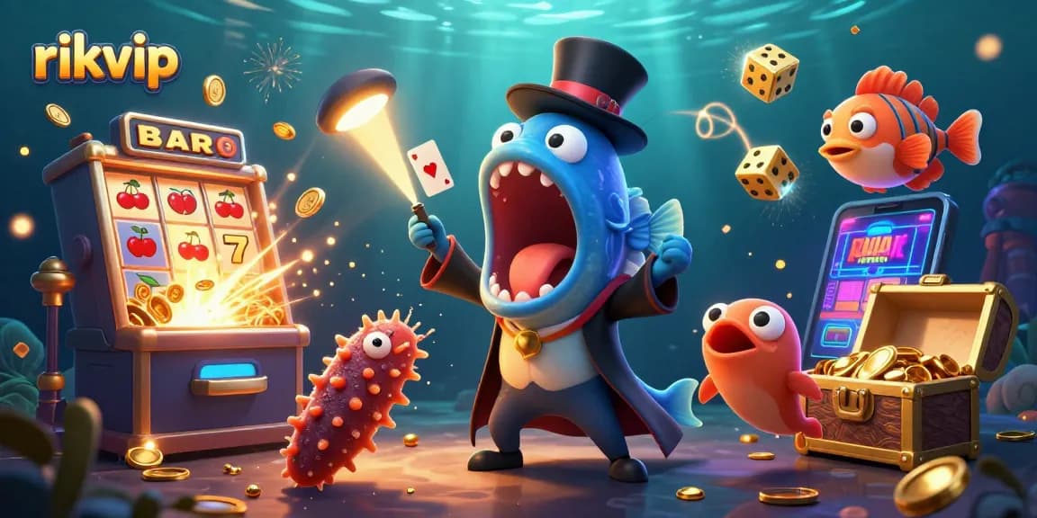 rikvip showcasing an adventurous deep-sea casino scene with vibrant characters performing magic tricks.