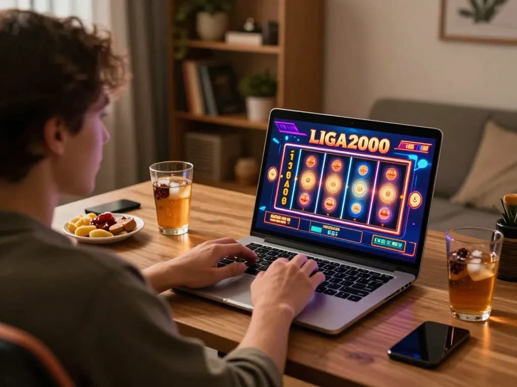 LIGA2000 slot game being played on a laptop in a cozy home office setting with snacks.
