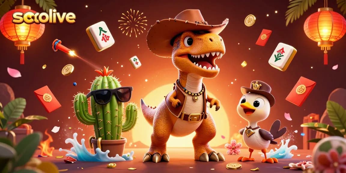 Socolive presents an exciting scene with a cowboy T-Rex engaging in high-stakes gaming amidst vibrant decorations and mahjong tiles.