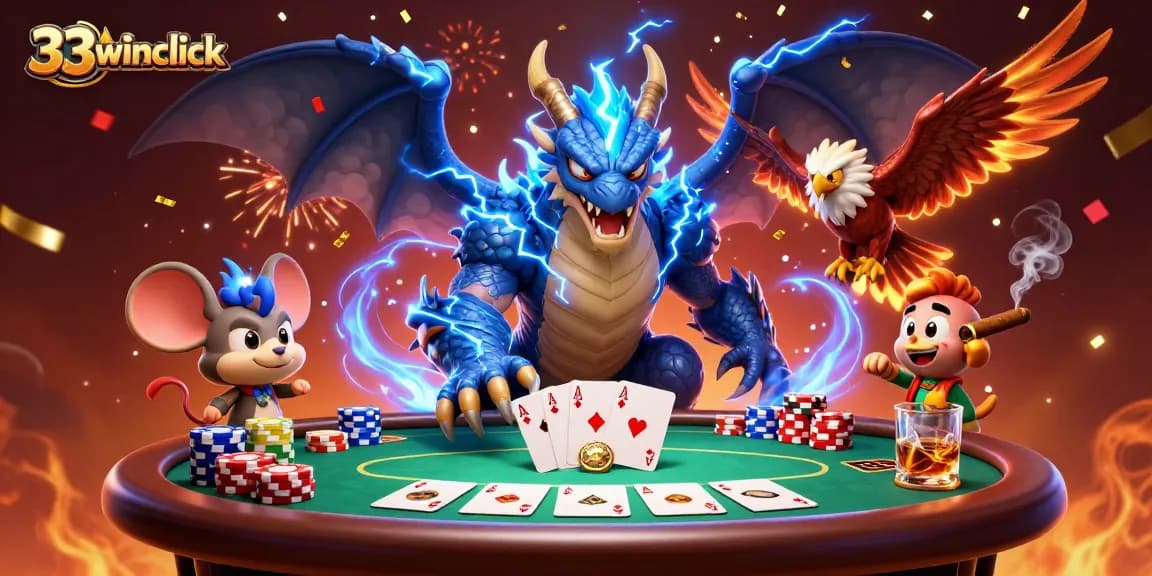 Experience thrilling gaming action with 33winclick's dynamic casino scene featuring vibrant characters and poker elements.