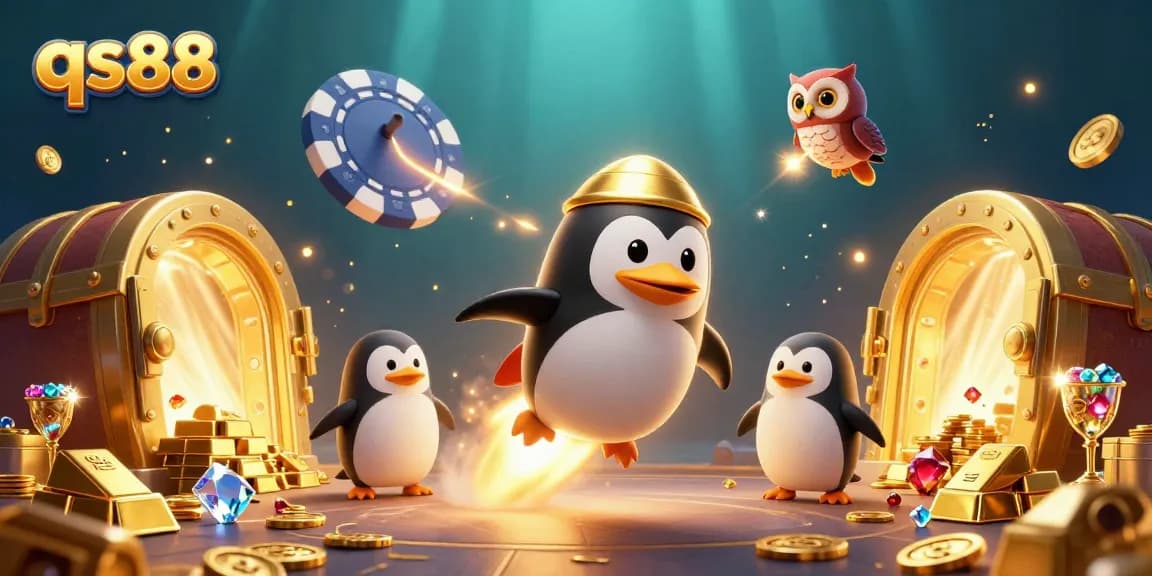 Experience excitement at qs88 with dynamic gaming elements illustrated through a golden penguin in a vibrant casino scene.