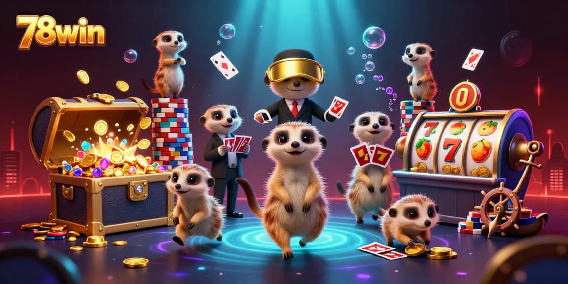 Experience the excitement of 78win with a vibrant illustration of meerkats in a lively casino scene.