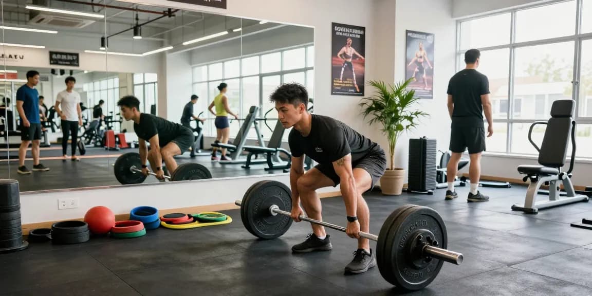 Man training at the gym with weights, showcasing a dynamic Steroide Boutique workout environment that fosters fitness growth.