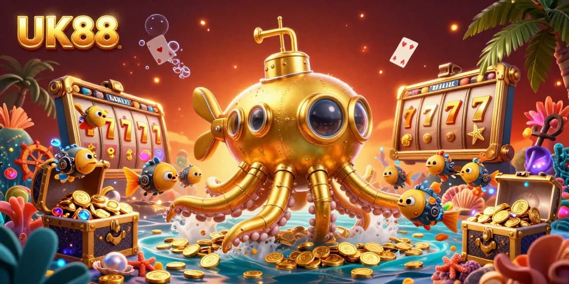 Engage with UK88's thrilling 3D underwater casino world filled with gold coins and slot game elements.