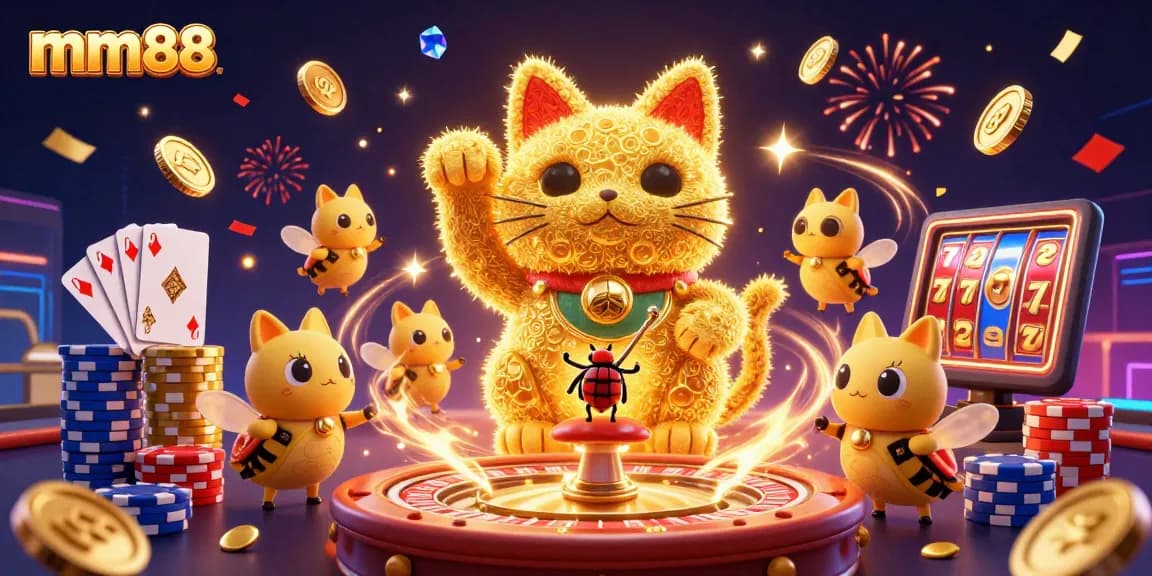 Experience mm88's exciting online casino magic with golden fireflies and vibrant gaming elements.
