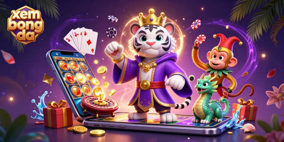 Experience xem bong da with vibrant 3D illustration featuring casino elements and energetic characters.