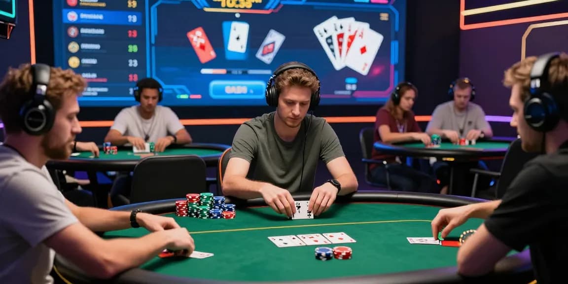 Agen Poker Online gaming scene with diverse players in a virtual poker tournament, displaying excitement and engagement.