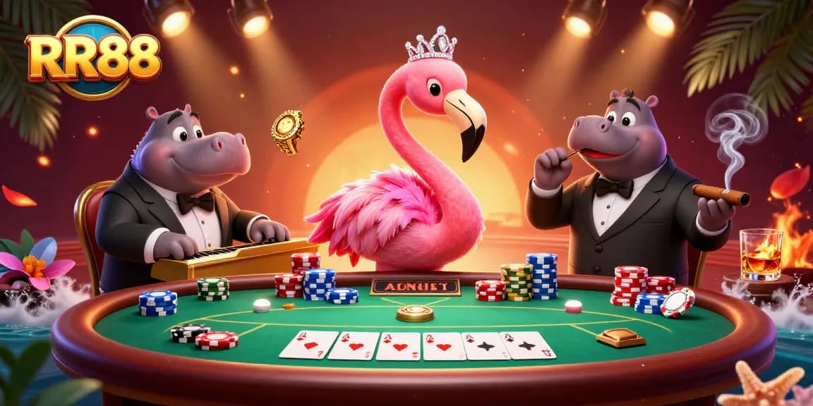 Experience the excitement of RR88 with a vibrant casino scene showcasing a flamingo singer and a hippo bassist.