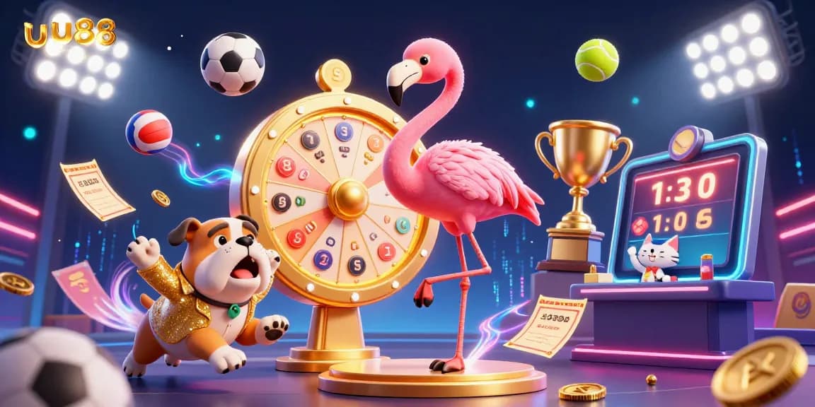 uu88 engages players with an exciting scene where a flamingo host, bulldog contestant, and cat assistant create dynamic winning moments in a casino atmosphere.