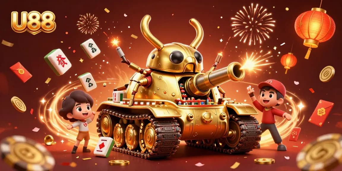 Engage with U88's vibrant gaming experience featuring a golden beetle tank mini-casino in a celebratory scene.
