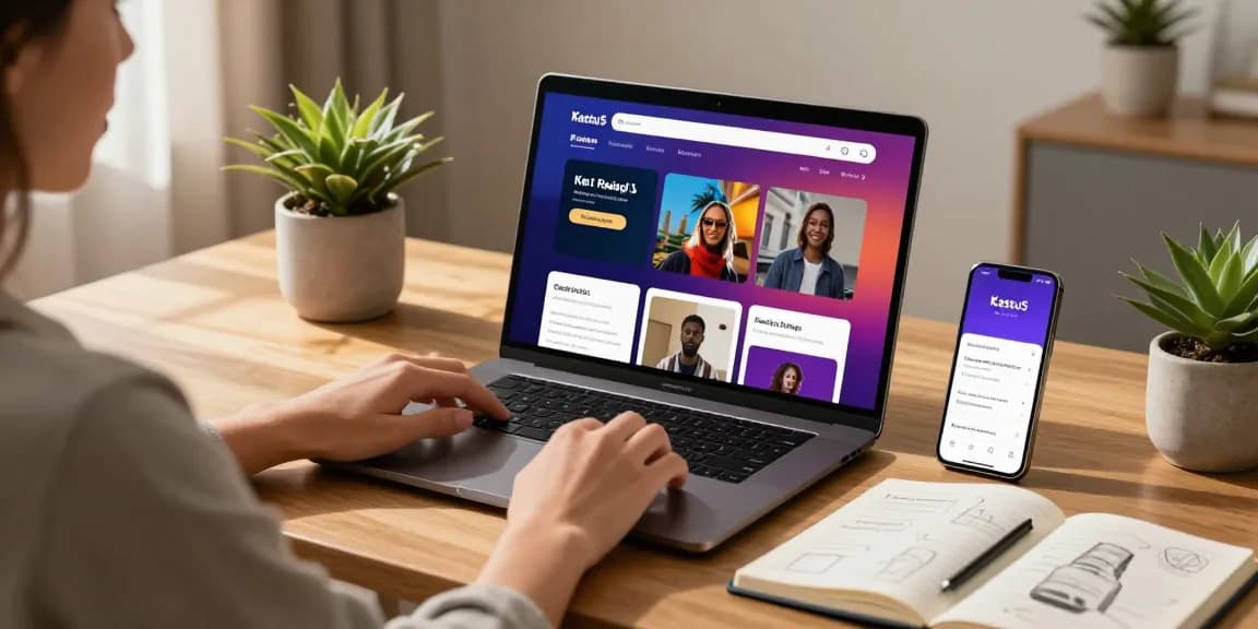 Pengguna menikmati platform Katsu5 di laptop di ruang kerja yang nyaman.