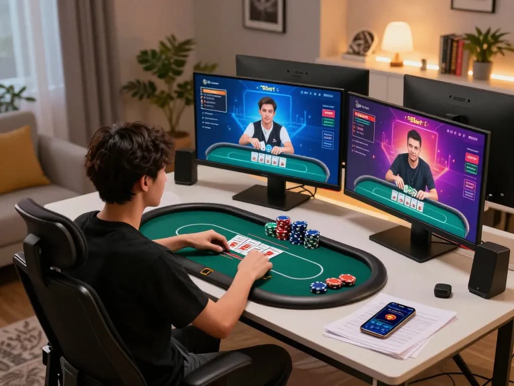 Players strategizing in an engaging live poker game on 9bet, showcasing a high-tech home setup.