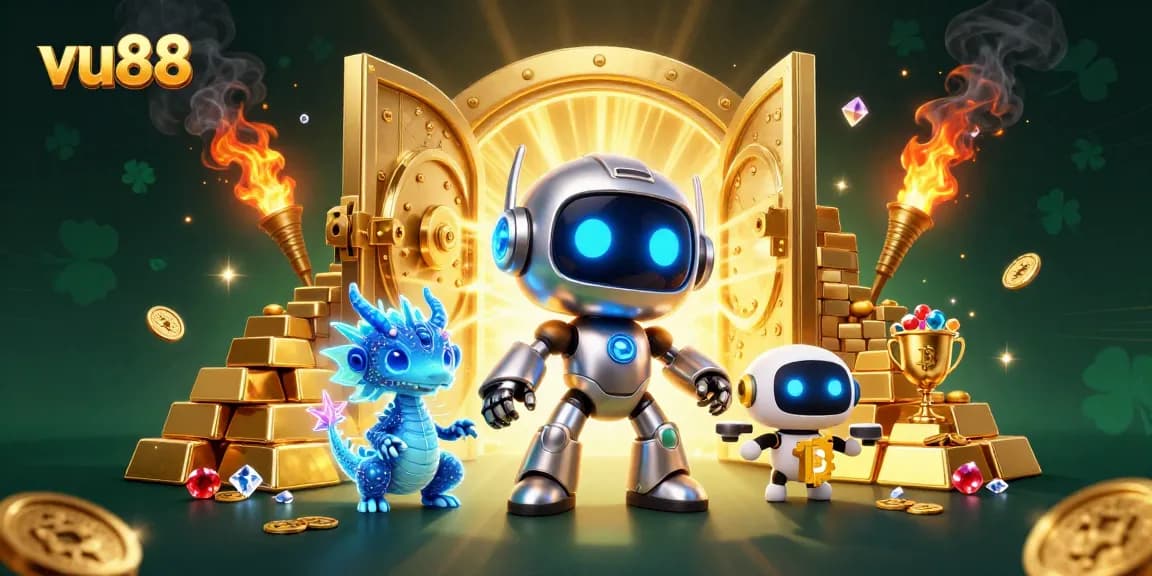 Join the excitement at vu88 with a 3D cyberpunk robot and AI dragon amongst sparkling casino treasures.