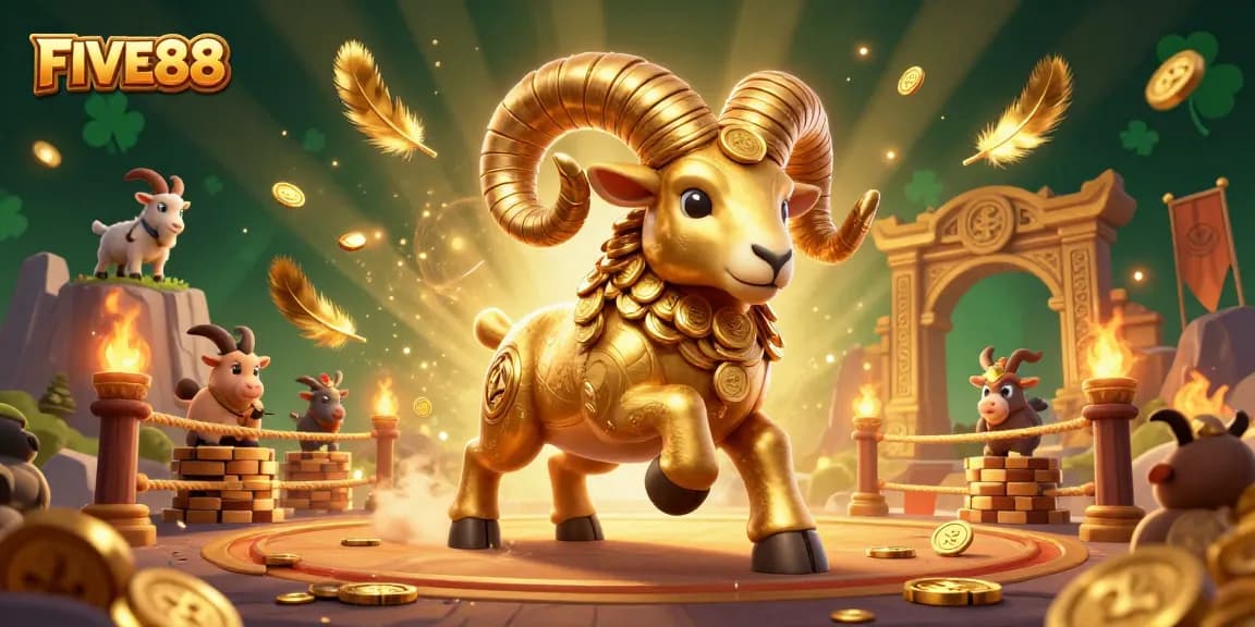 FIVE88 captures thrilling casino action with a charging golden ram amidst vibrant gambling elements.