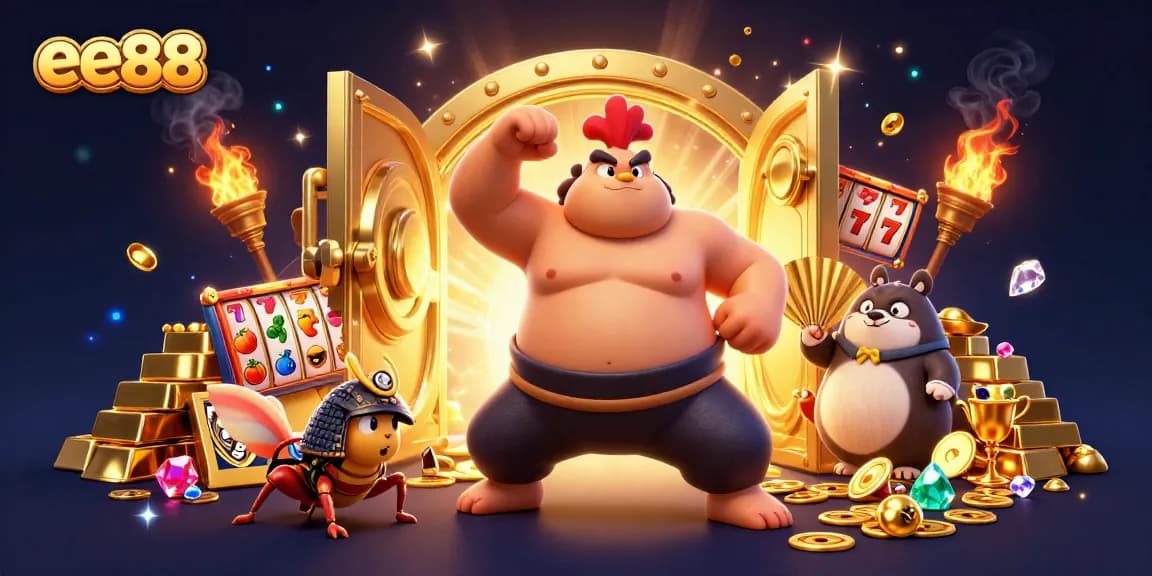 Engage with the ee88 gaming experience featuring a powerful sumo rooster, a fierce cricket, and a tanuki announcer among vibrant slot elements.
