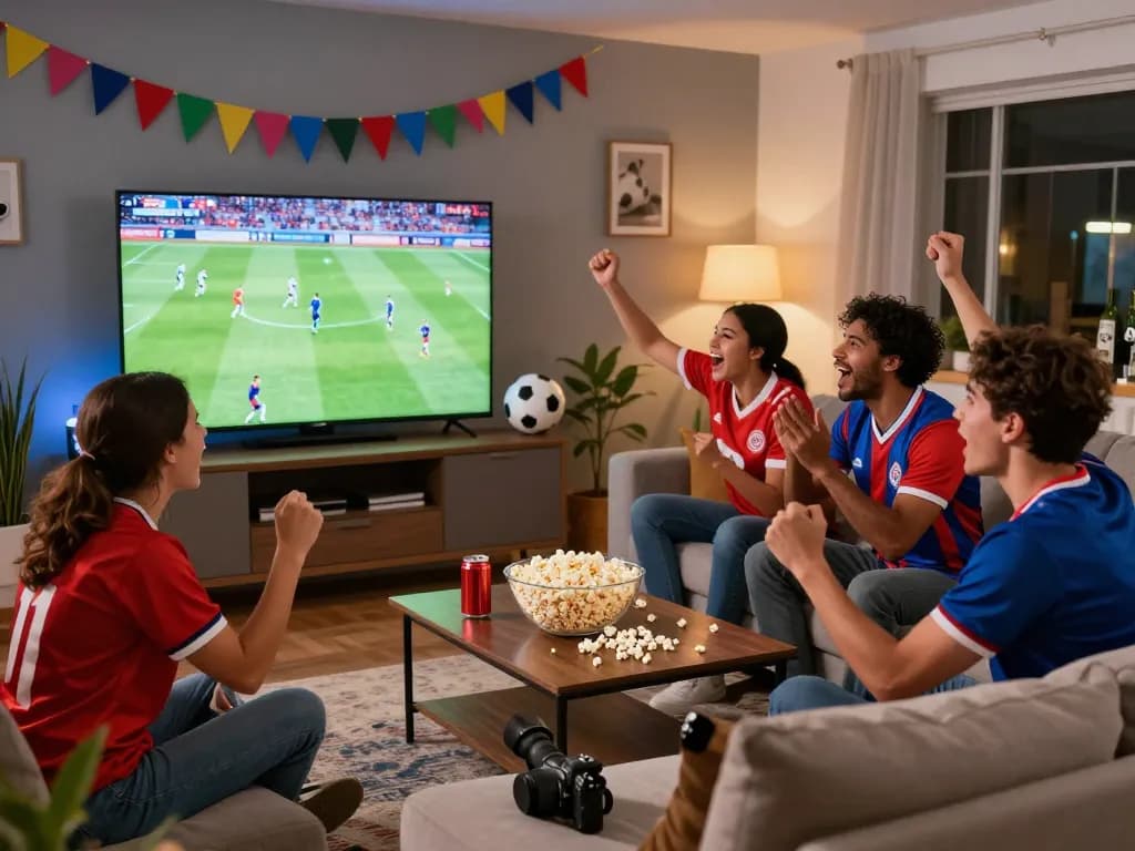 Buổi tiệc xem bóng đá trực tiếp trên Lương Sơn TV với bạn bè thưởng thức đồ ăn nhẹ và cổ vũ.