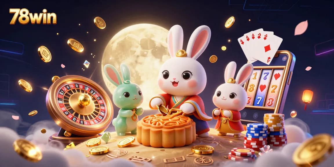 Experience the excitement of 78win with a captivating lunar casino scene featuring the moon rabbit and vibrant game elements.