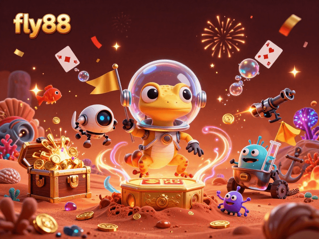 Experience the thrill at fly88's casino with Martian gecko discovering treasures amidst galactic entertainment.
