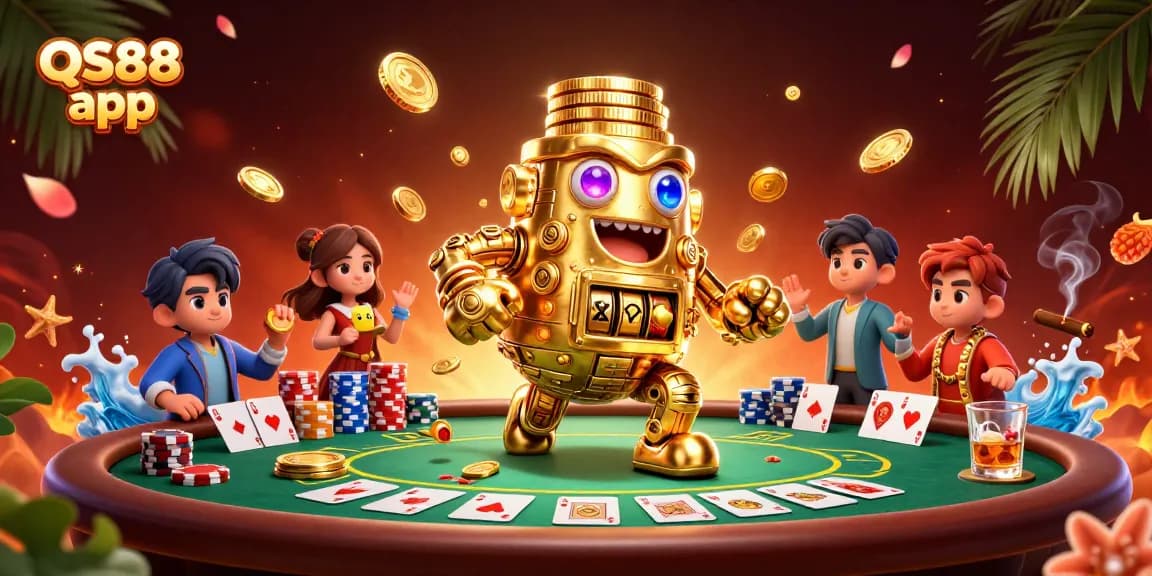 Experience the excitement of betting with QS88 app featuring a dynamic golden golem and poker elements.