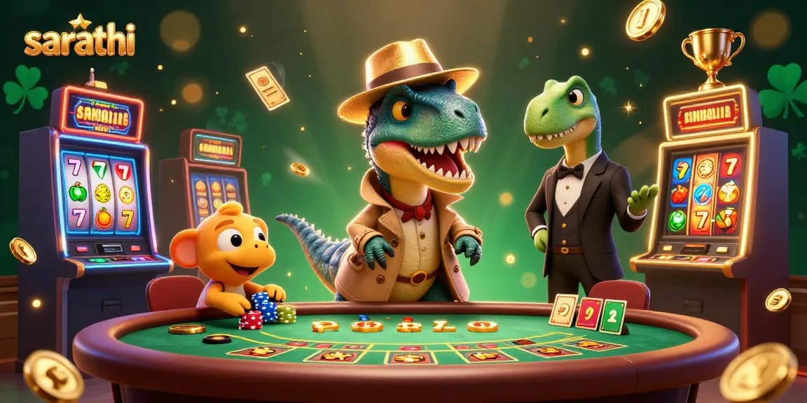 Sarathi's lively casino scene features a velociraptor counter at blackjack, vibrant slot elements, and a whimsical pickpocket.