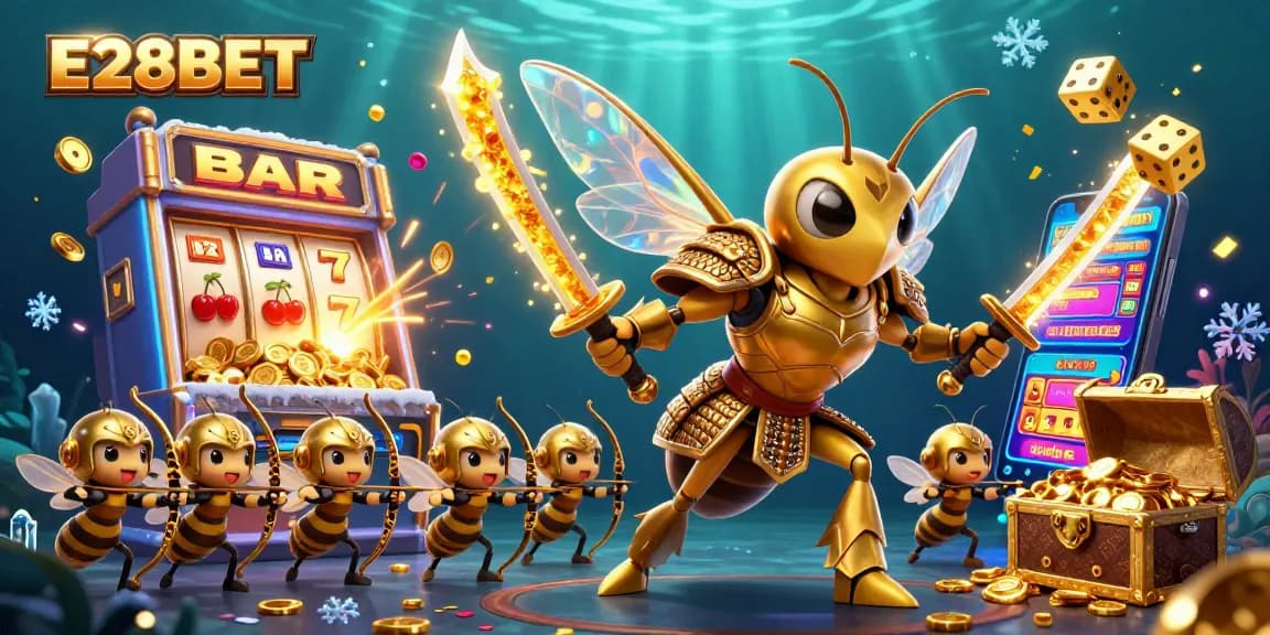 E28BET showcases a thrilling slot jackpot experience with a colorful 3D cartoon illustration