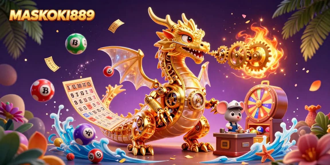 Engage with the excitement of MASKOKI889's vibrant gaming scene featuring a golden dragon and lottery elements.