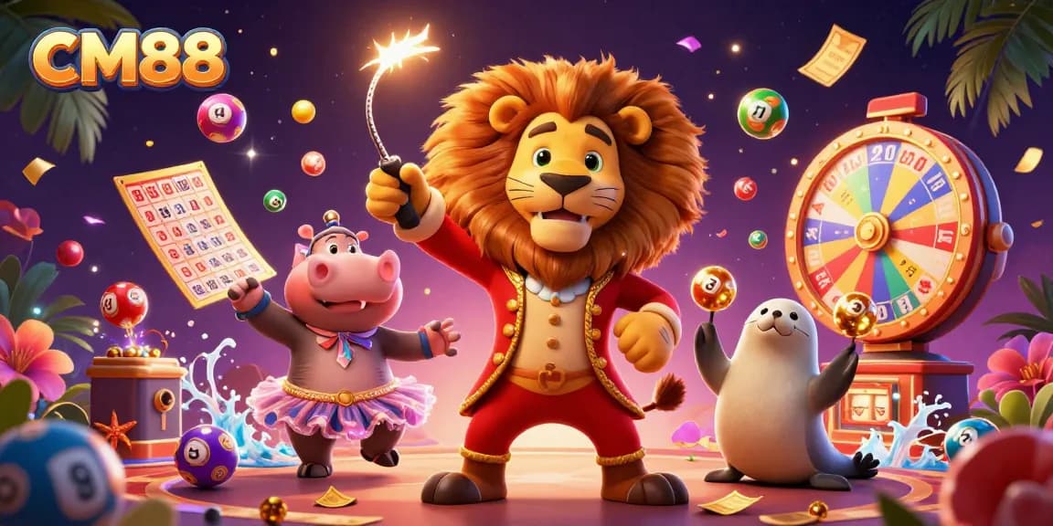 Join the excitement at CM88 with vibrant characters and dynamic lottery elements in this thrilling casino scene.