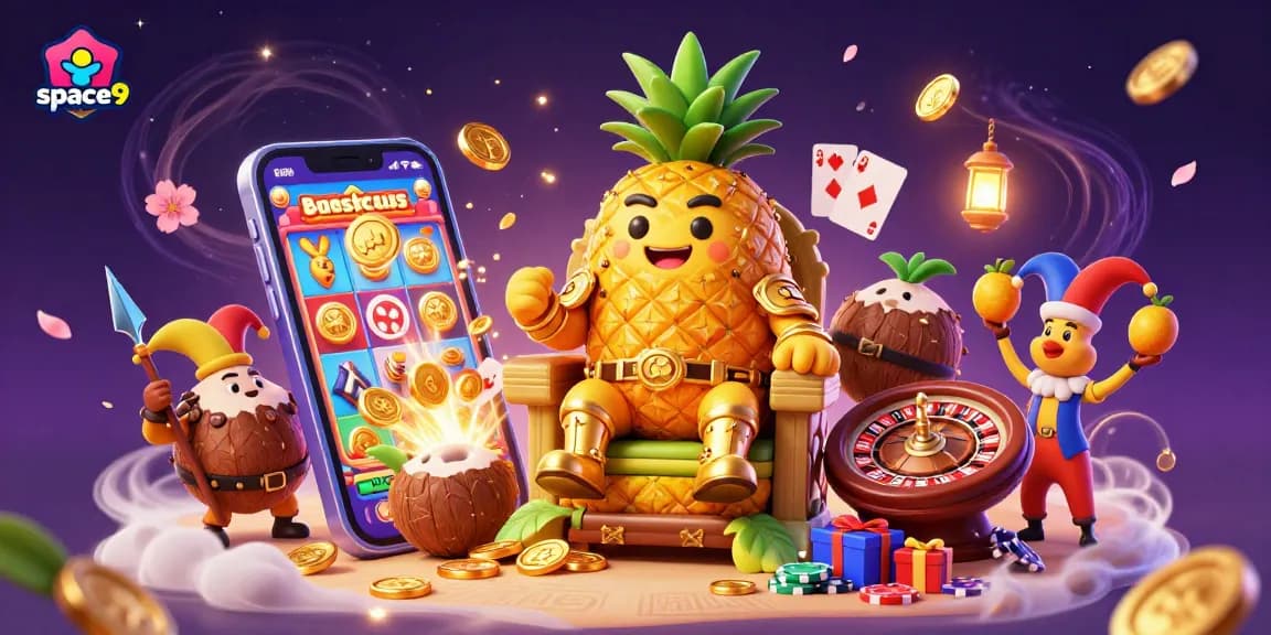 Engage with space9's thrilling casino experience featuring a vibrant 3D illustration of a golden pineapple king and gaming elements.