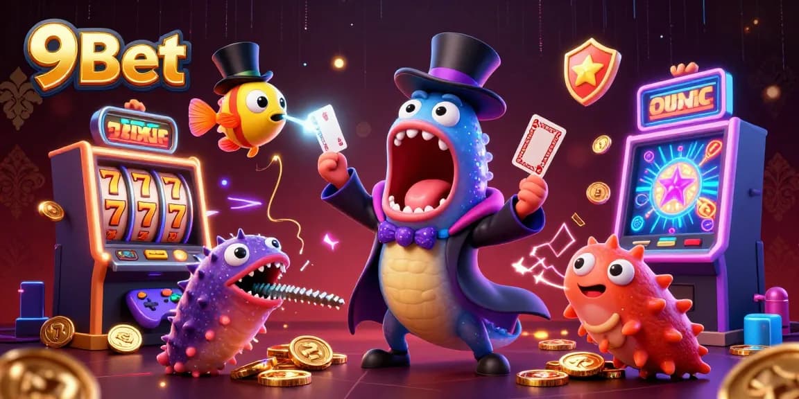 Engage with the magic of 9Bet where a deep-sea eel performs slot tricks in a vibrant setting.
