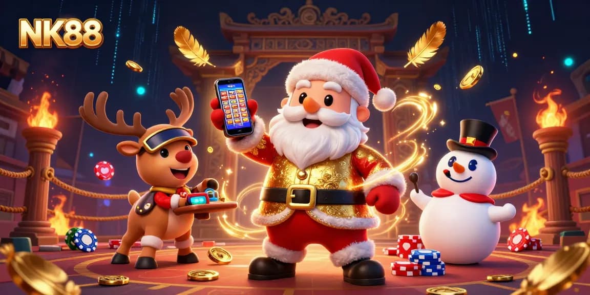 Join NK88's exciting casino adventure with Santa, his reindeer dealer, and a poker chip snowman!