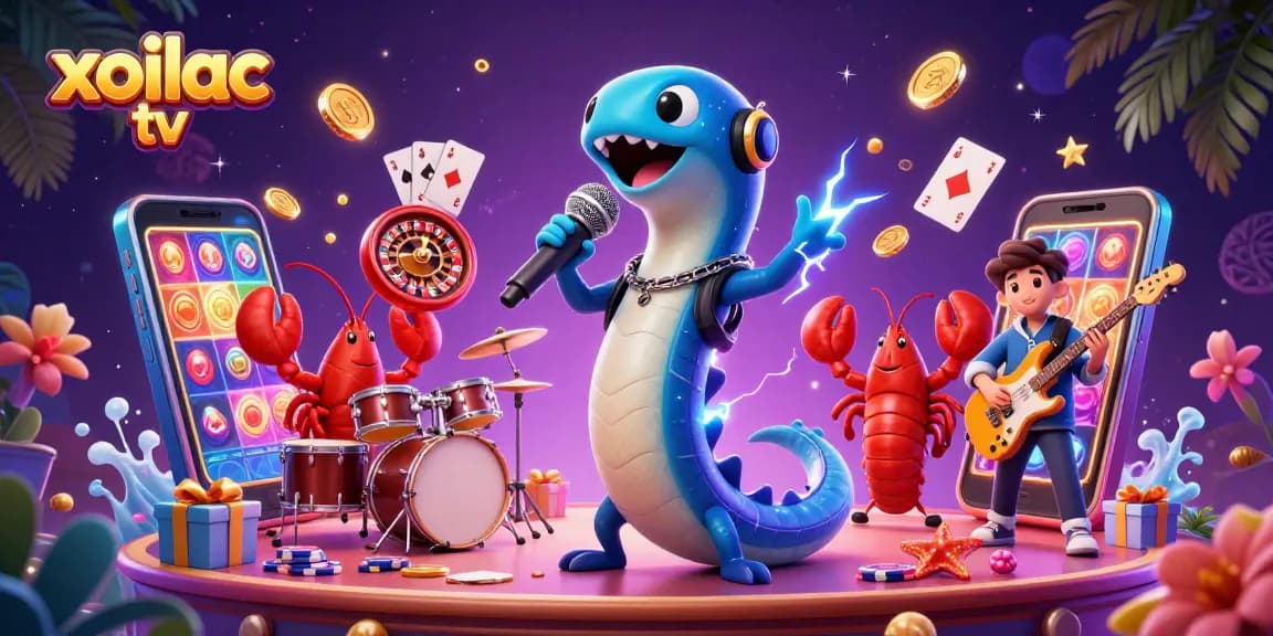 Xoilac TV delivers exciting live sports action as an electric eel DJ interacts with a lobster drummer and a seahorse guitarist.