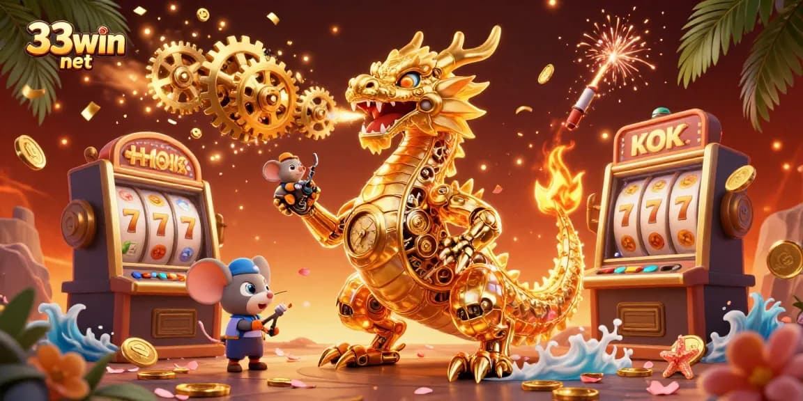 Engage with thrilling games at 33win net featuring a golden dragon and dynamic casino elements.
