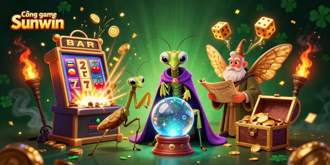 Cổng game Sunwin offers an exciting illustration of gambling with vibrant slot machines and mystical characters enhancing the casino experience.