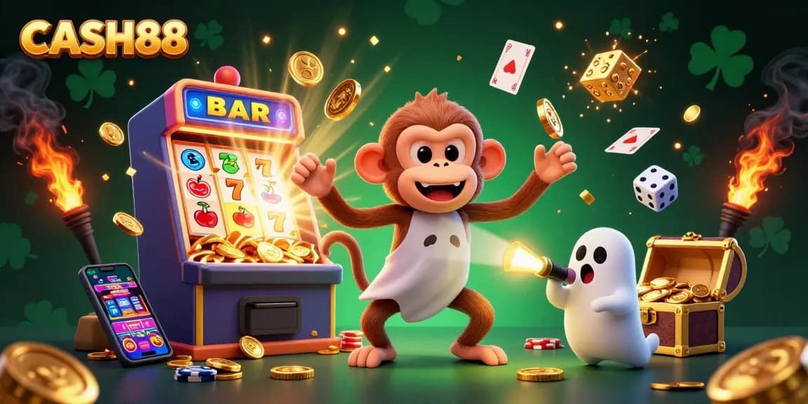 CASH88 launches thrilling gaming excitement with a golden monkey and ghost-hunter puppy in a vibrant casino scene.