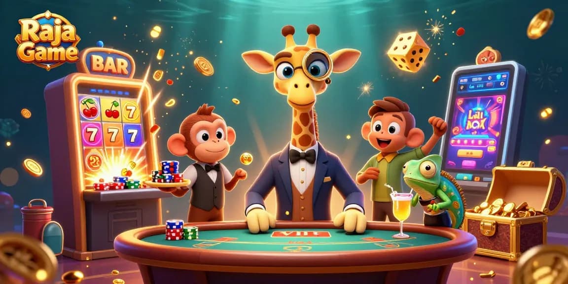 Engage in exciting gaming on Raja Game with a vibrant 3D illustration showcasing dynamic casino elements and characters.