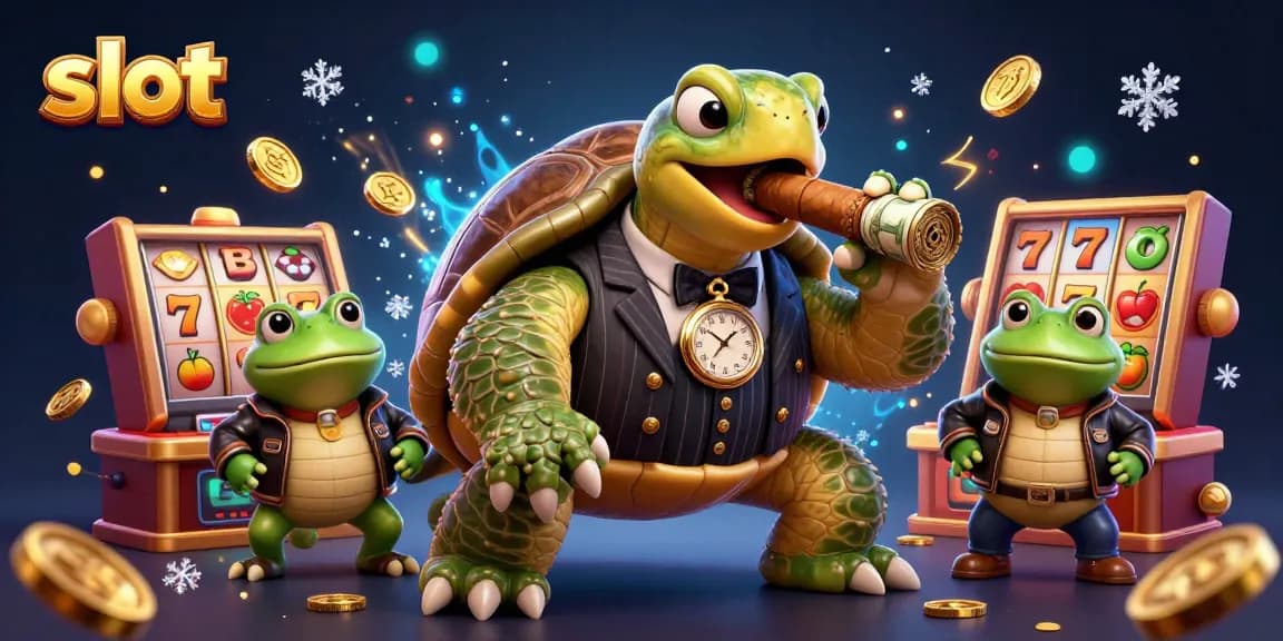 Experience thrilling slot action with a cartoon turtle in a casino scene.