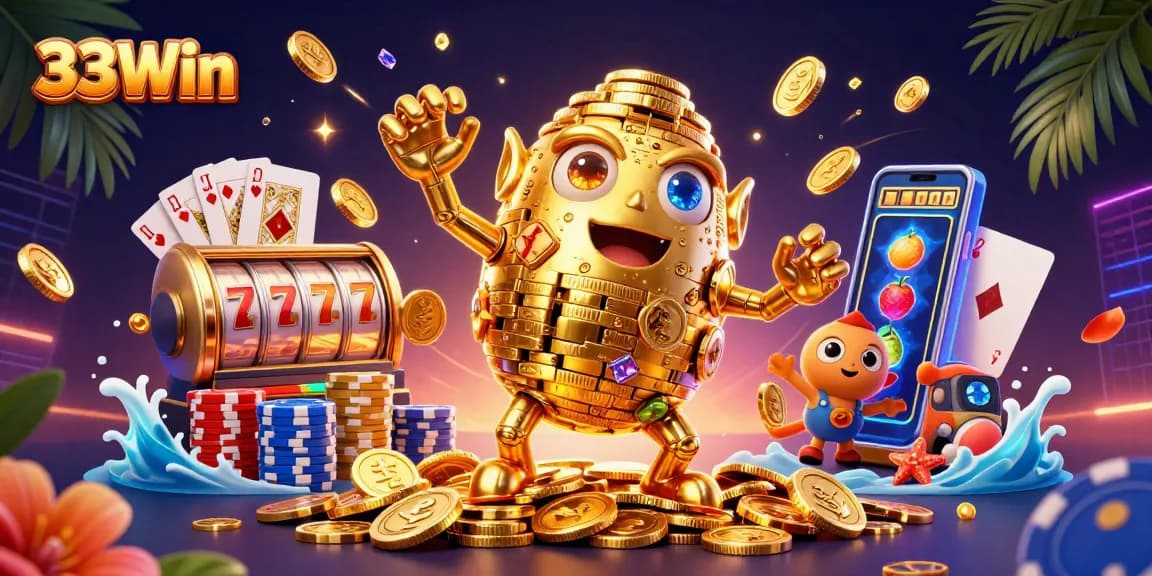 Engage in thrilling slots at 33Win with a vibrant scene of cascading gems and coins.