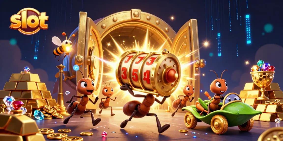 Spin slot reels with cartoon ants amid gold treasures and glowing gems in a vibrant scene.