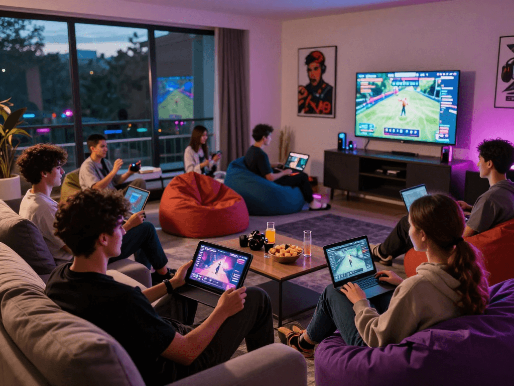 Engaging young adults enjoying sex game online in cozy lounge setting.