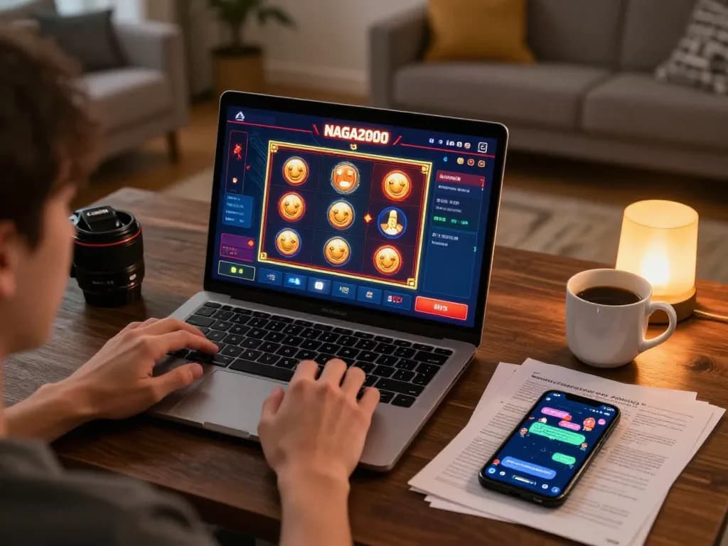 NAGA2000 online casino gaming setup with interactive slot game, cozy home atmosphere, and strategic notes.