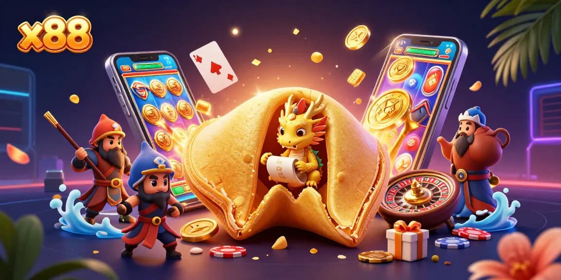 Spin the reels and win with x88 in a vibrant, action-packed casino scene featuring fortune themes.