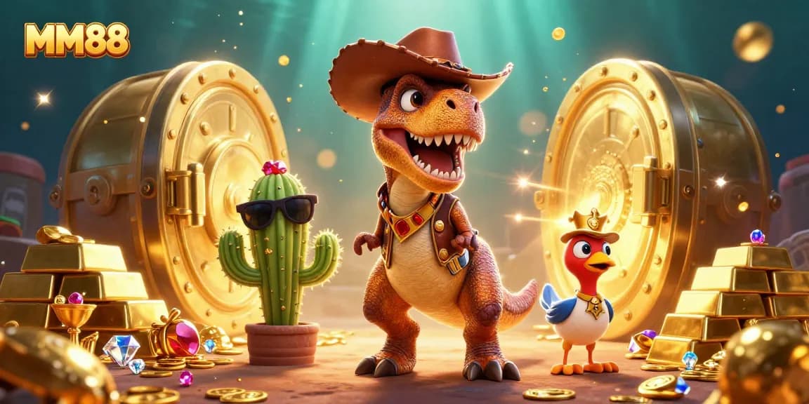 Spin to win at MM88 with vibrant casino-themed illustration of T-Rex and treasures!