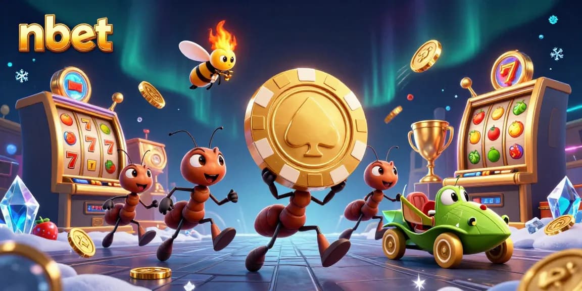 Engage with nbet's captivating slot heist illustration featuring animated ants and vibrant casino elements.